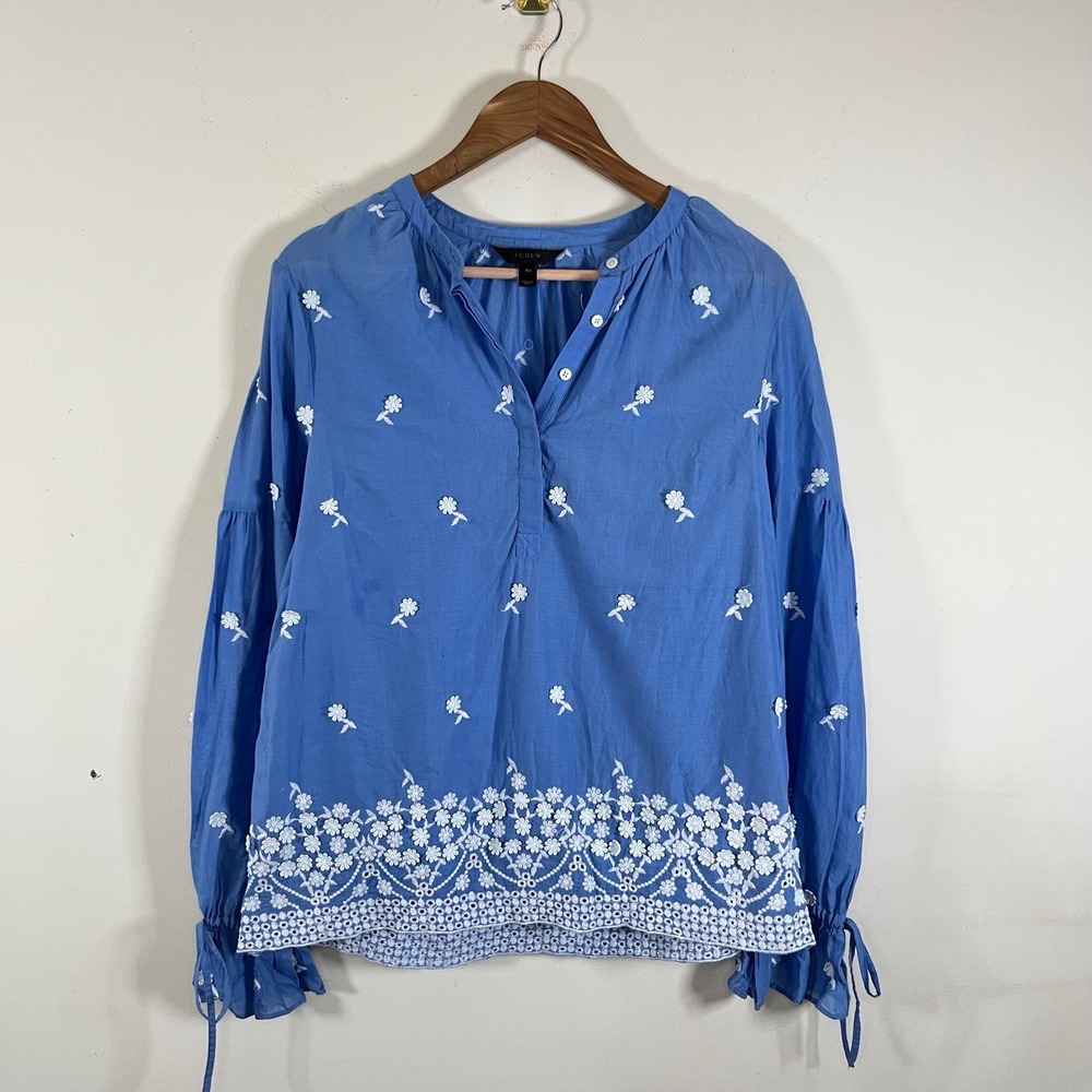 J. Crew Embroidered Floral Blouse Blue White Cotton Ruffle Preppy Coastal TM